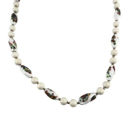 Vintage Floral Ceramic Bead Necklace With White Round Beads Metal Clasp - Picture 8 of 9